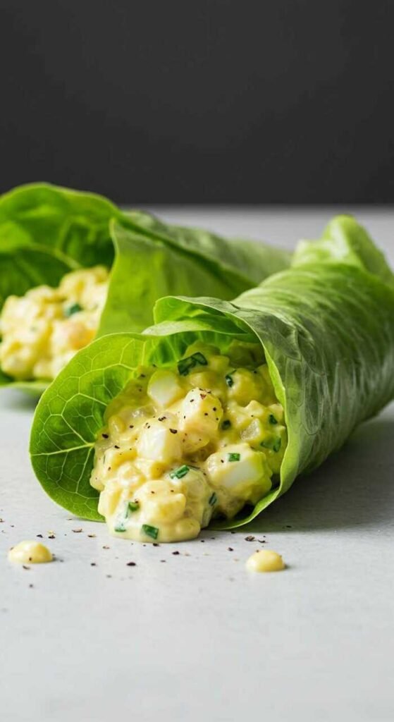 Egg salad wrapped in fresh lettuce leaves