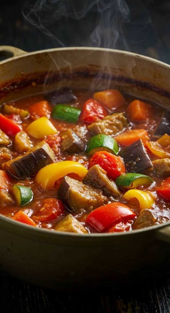A pot of eggplant and tomato stew filled with colorful vegetables