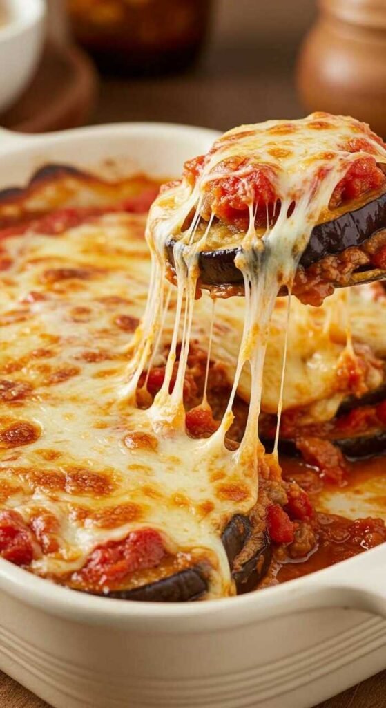 Delicious Eggplant Parmesan Bake with melty cheese and tomato sauce