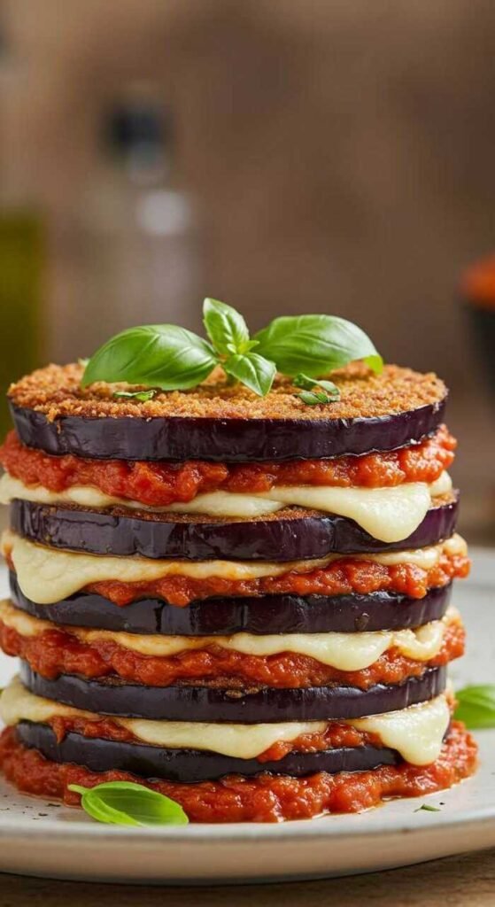 A stack of eggplant slices layered with marinara sauce and vegan cheese, garnished with fresh basil.