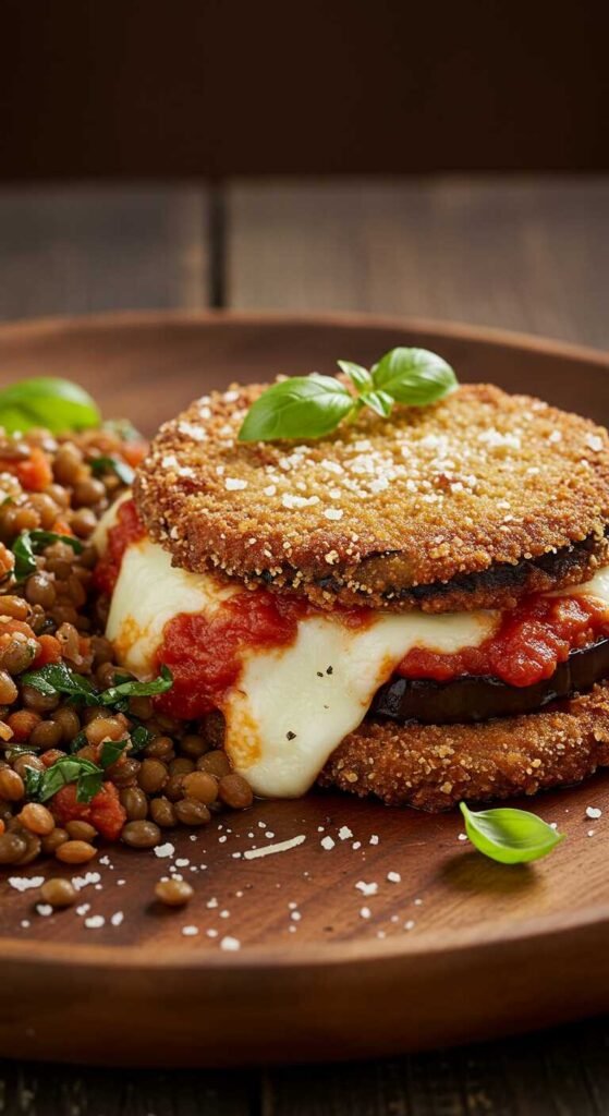 A serving of eggplant parmesan with lentils on a plate, garnished with herbs