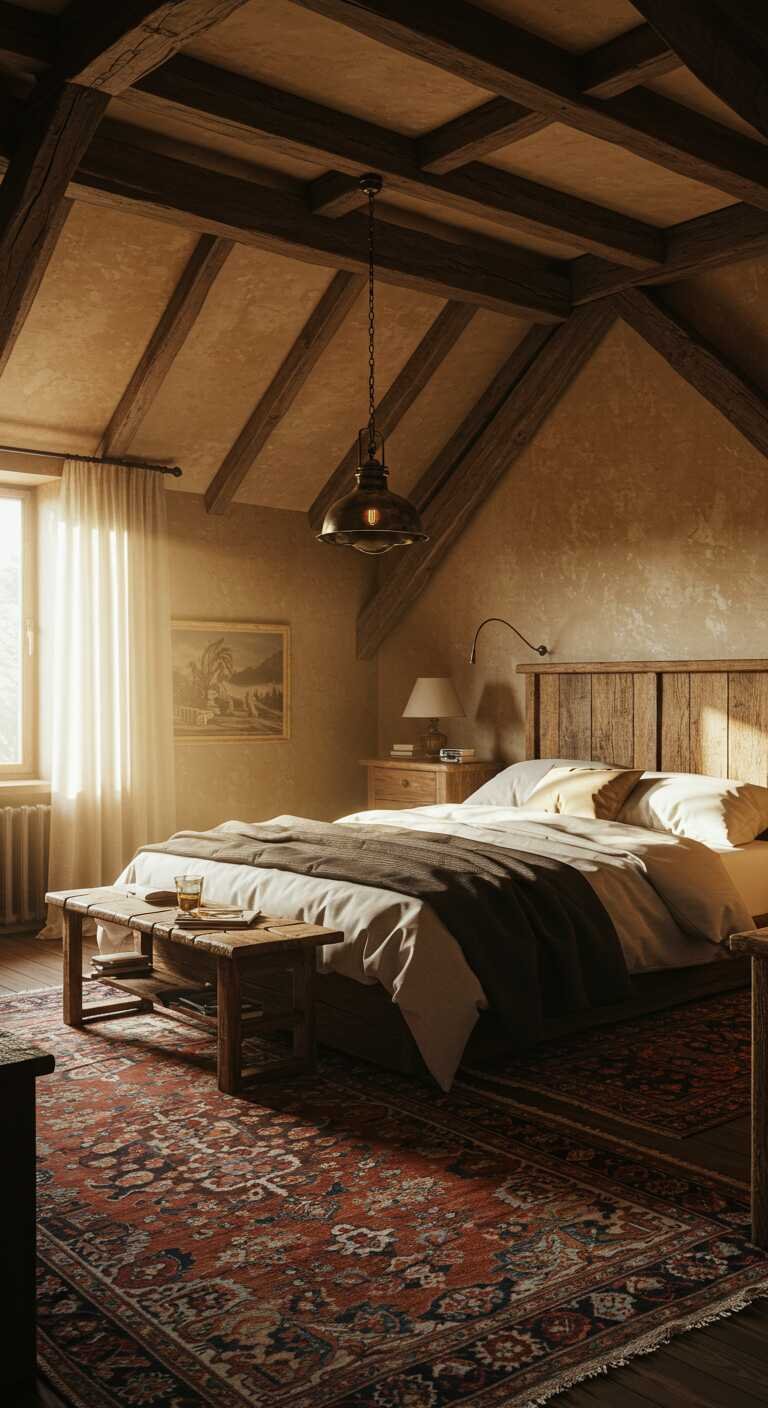 Rustic bedroom with exposed beams and wooden features