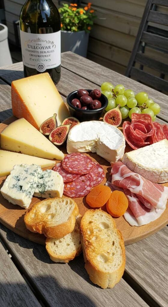 A beautifully arranged cheese and charcuterie board featuring various cheeses, cured meats, fruits, and crackers.