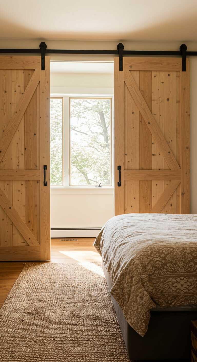 A rustic bedroom featuring farmhouse-style sliding doors made of natural wood, with visible black hardware.