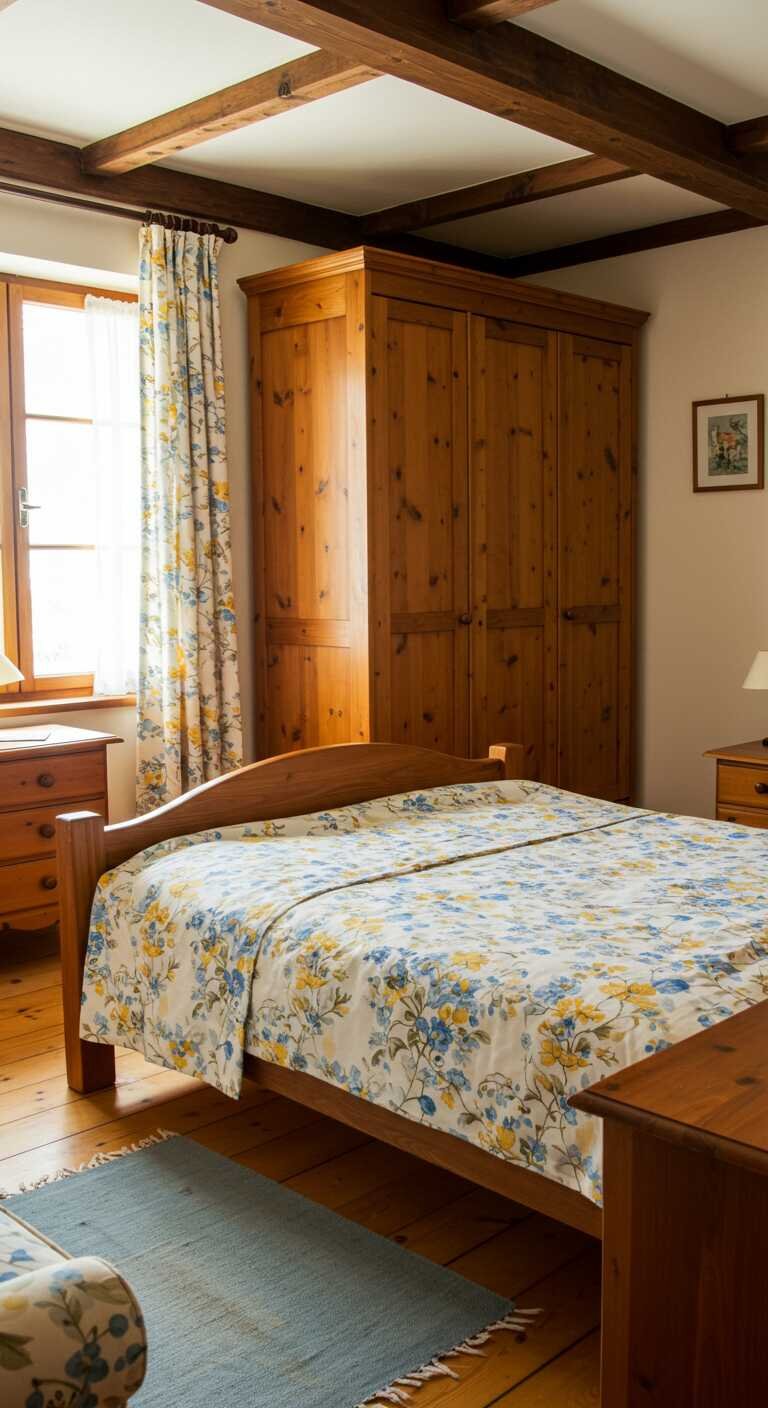 A rustic bedroom featuring floral patterns on the bedspread and curtains, with wooden elements.