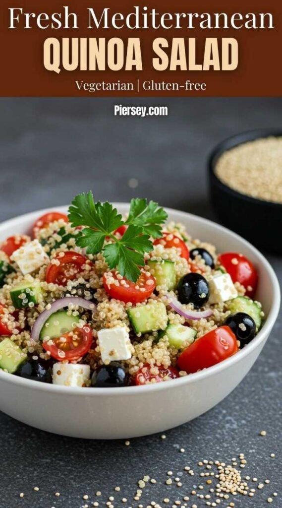 A vibrant Mediterranean quinoa salad in a bowl with cherry tomatoes, cucumber, black olives, feta, and parsley. Text reads "Fresh Mediterranean Quinoa Salad."