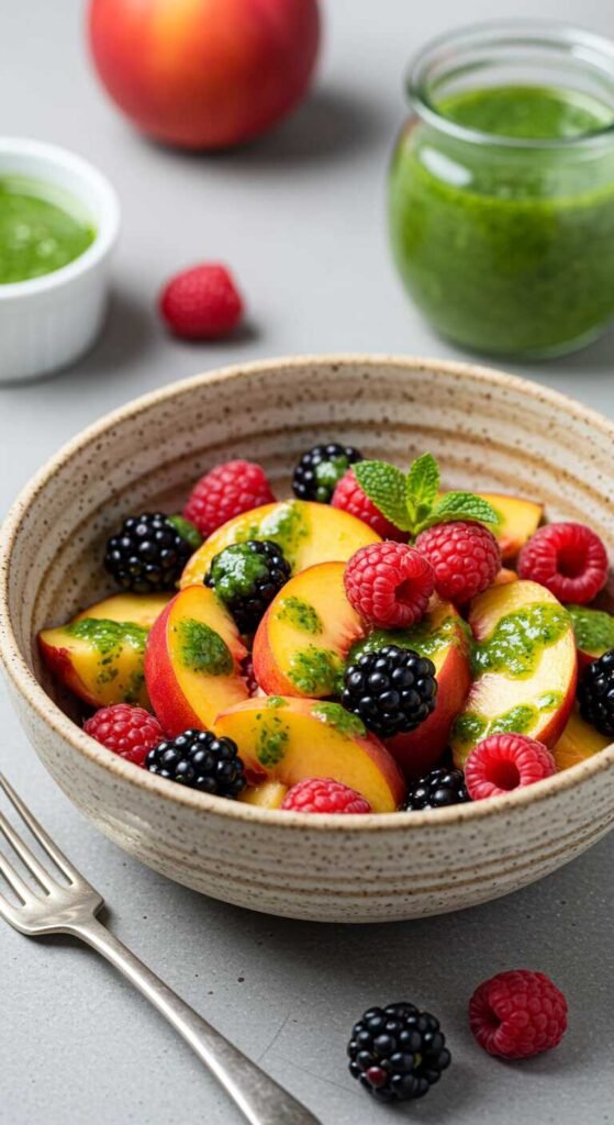 A bowl of colorful fruit salad with mint dressing.