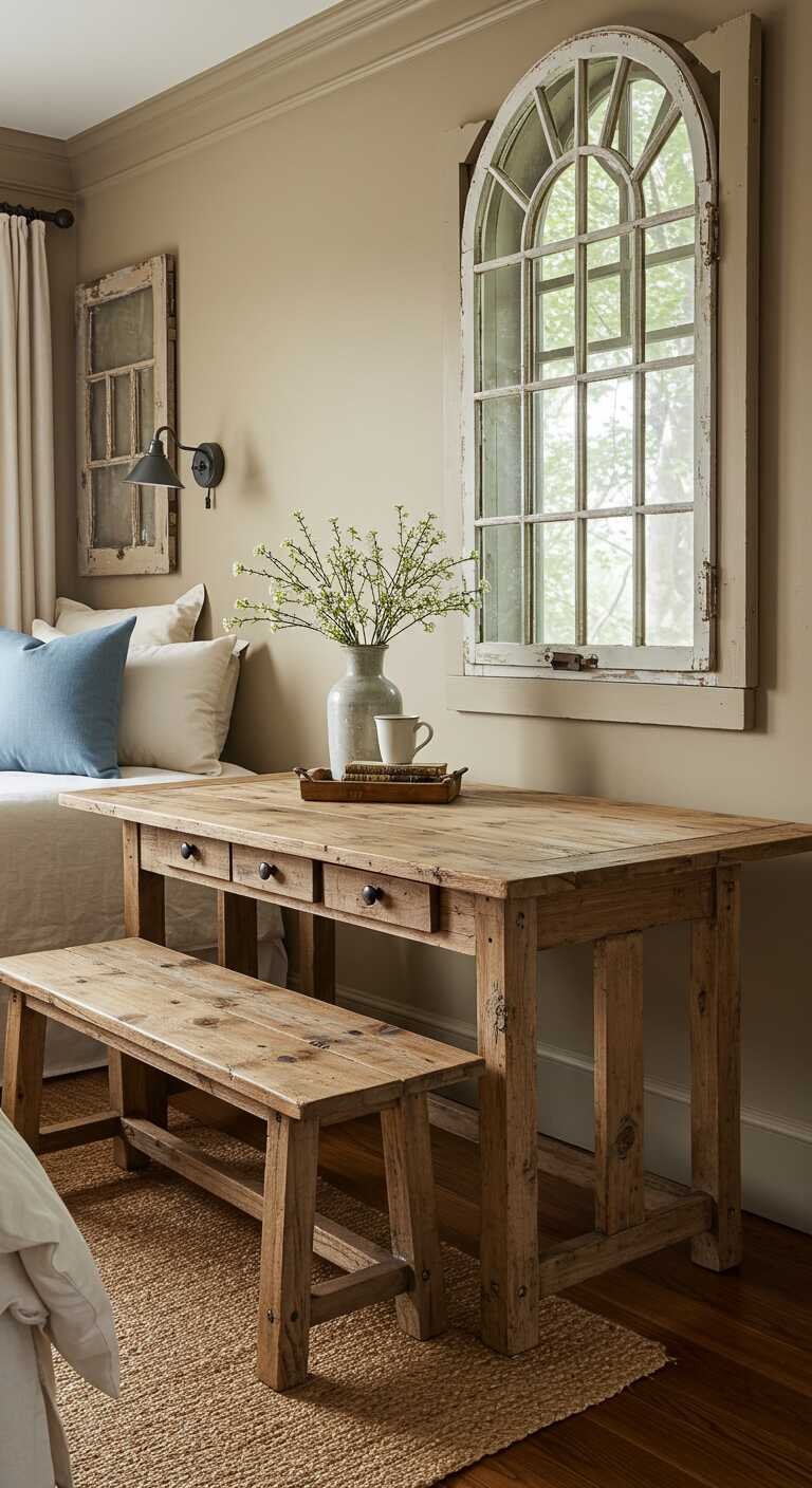 Rustic wooden farmhouse table with a bench in a cozy bedroom setting