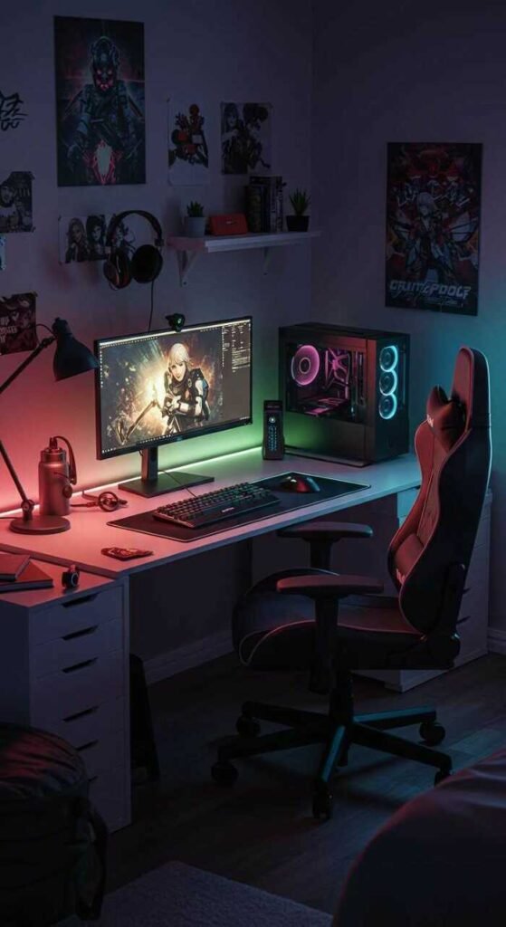 A stylish gaming chair and desk setup with colorful lighting, perfect for a gamer bedroom.