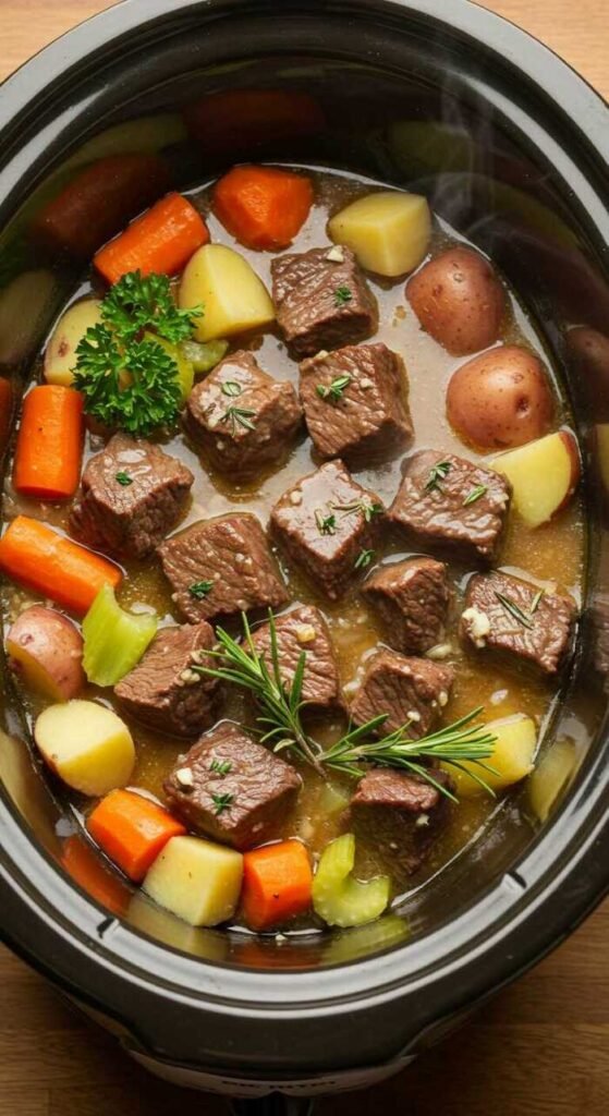 A delicious pot of garlic butter beef with assorted vegetables in a crockpot.