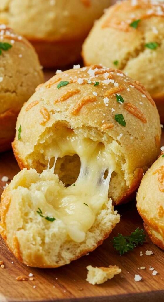 Close-up of a garlic cheese bomb broken open, revealing gooey, melted cheese. Garnished with herbs and coarse salt, evoking warmth and comfort.