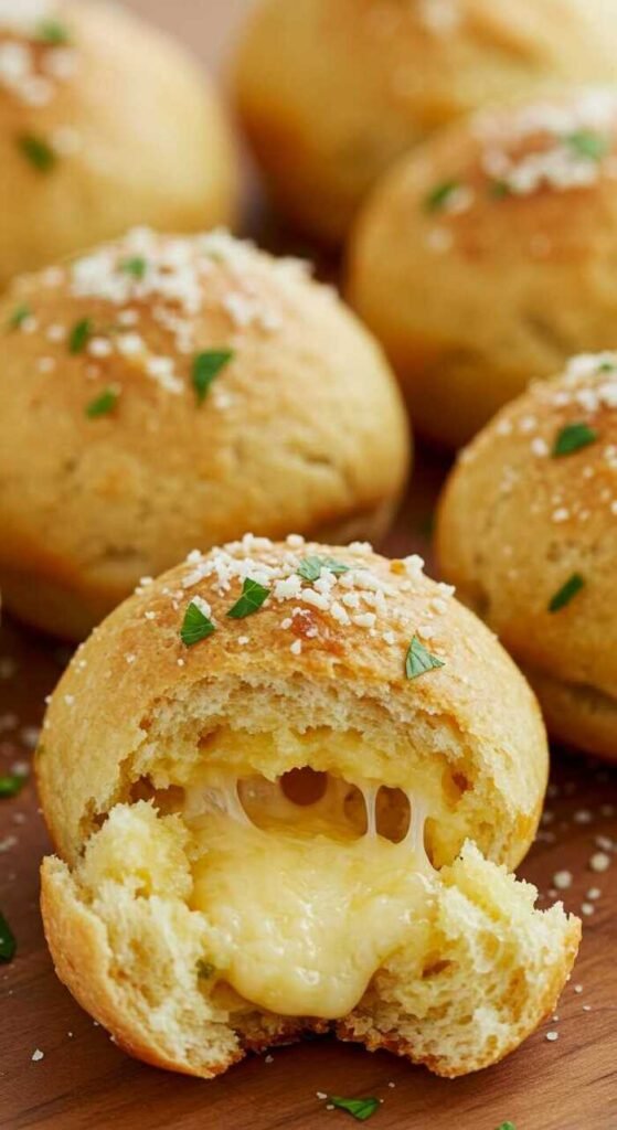 Golden-brown garlic cheese bombs topped with herbs and salt, one torn open revealing gooey melted cheese. The scene conveys warmth and deliciousness.