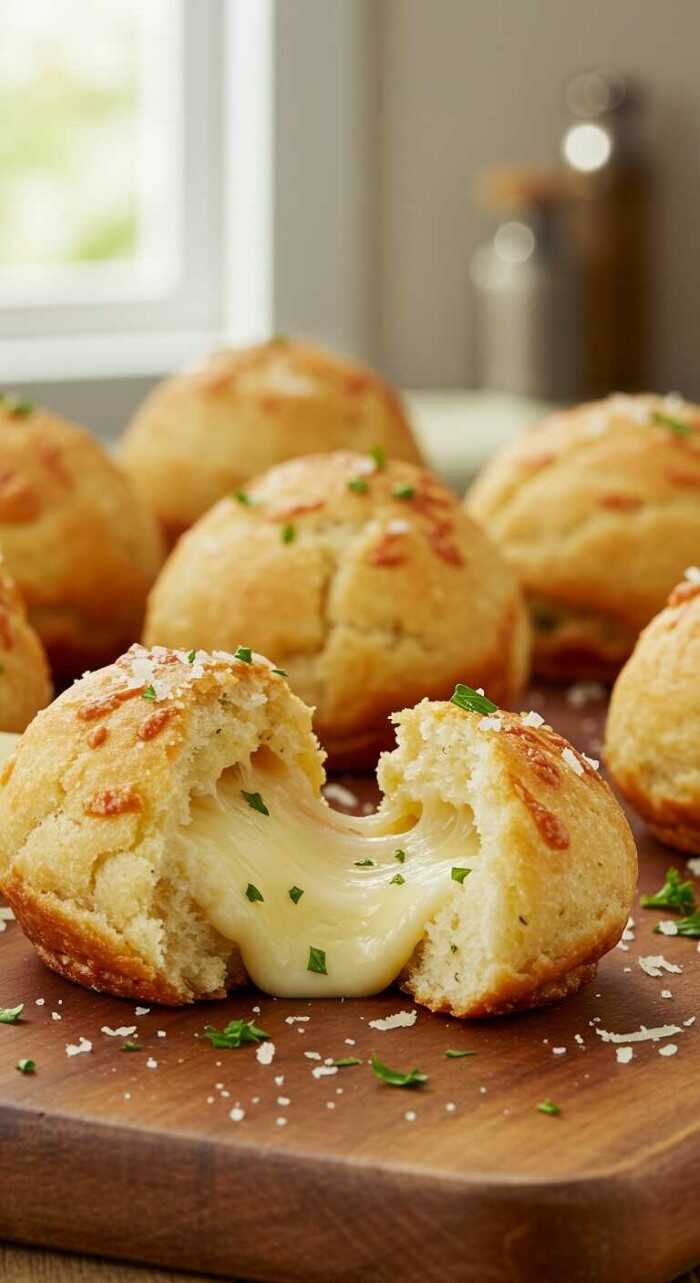 Golden-brown garlic cheese bombs on a wooden board, one torn open revealing melted cheese inside. Garnished with herbs, creating a warm, inviting scene.