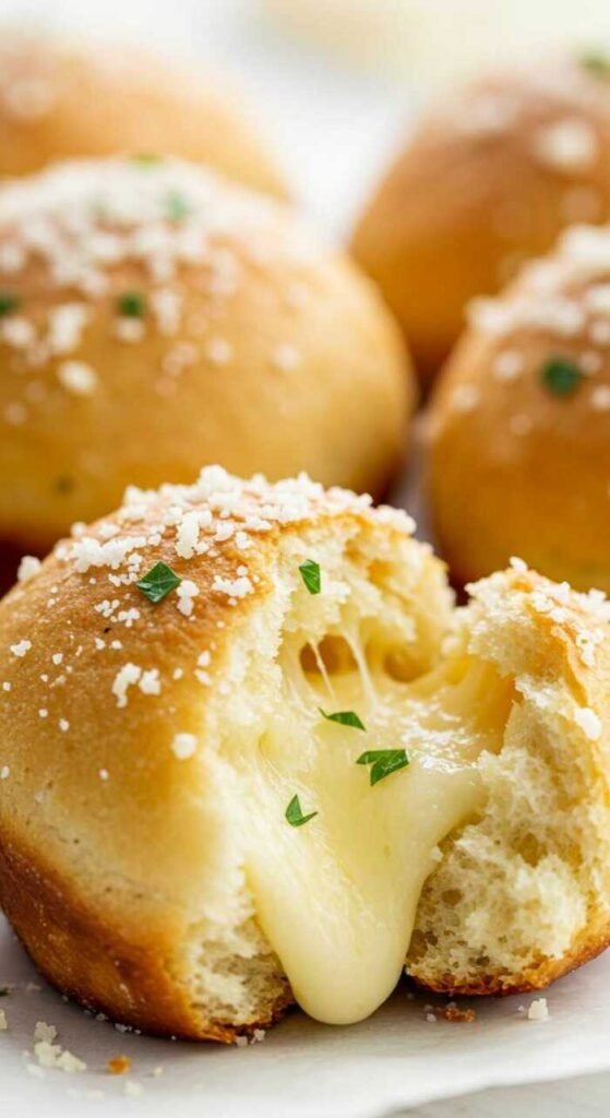 Golden brown garlic cheese bombs with melted cheese oozing out, sprinkled with parsley and grated cheese, creating a warm, appetizing scene.