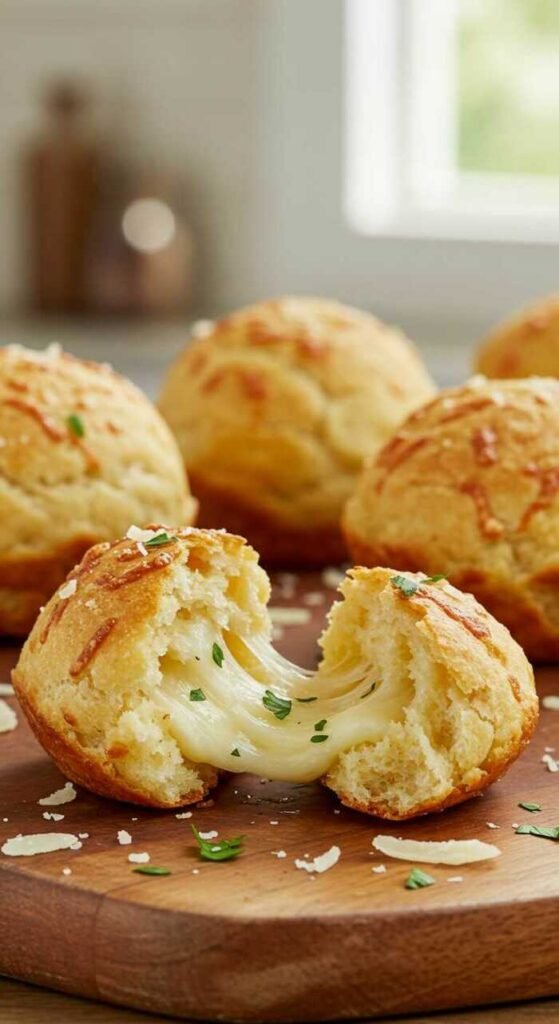 Close-up of cheese-filled garlic cheese bombs on a wooden board. One bun is split open, revealing gooey cheese. Topped with herbs and cheese shavings, evoking warmth and appetite.