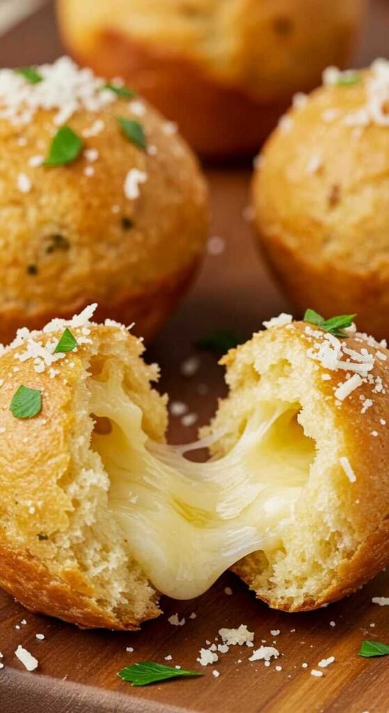 Golden, freshly baked garlic cheese bombs topped with parsley and grated cheese sit on a wooden board. One roll is broken open, revealing gooey, melted cheese.