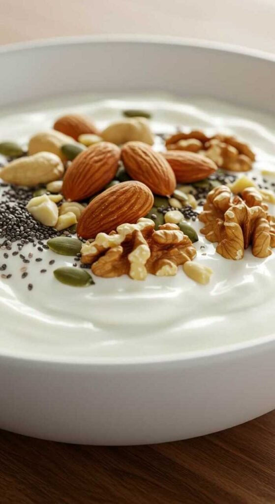 Bowl of Greek yogurt topped with a variety of nuts and seeds, ready to be enjoyed.