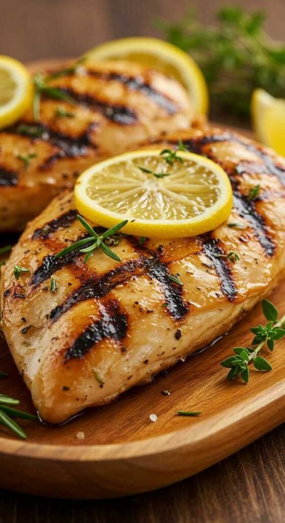 Grilled Lemon Herb Chicken served with lemon slices and fresh herbs