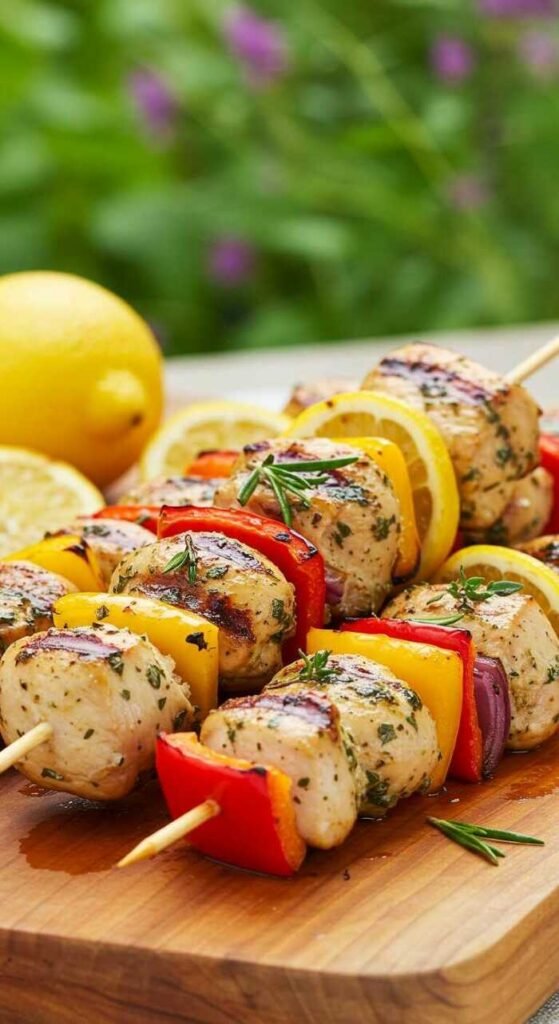 Grilled Lemon Herb Chicken Skewers with colorful bell peppers and lemon slices