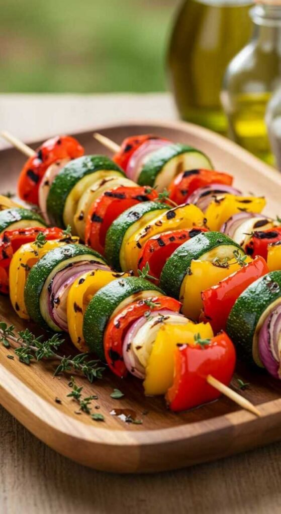 A platter of colorful grilled vegetable skewers made with zucchini, bell peppers, and onion.