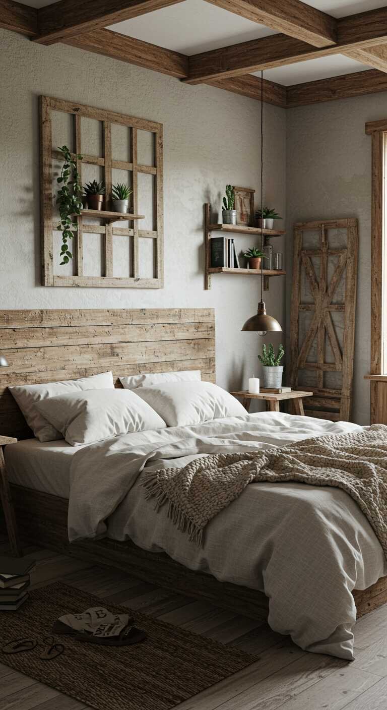 A rustic bedroom featuring handcrafted wooden decor, a neutral bed setup, and decorative wooden shelves.