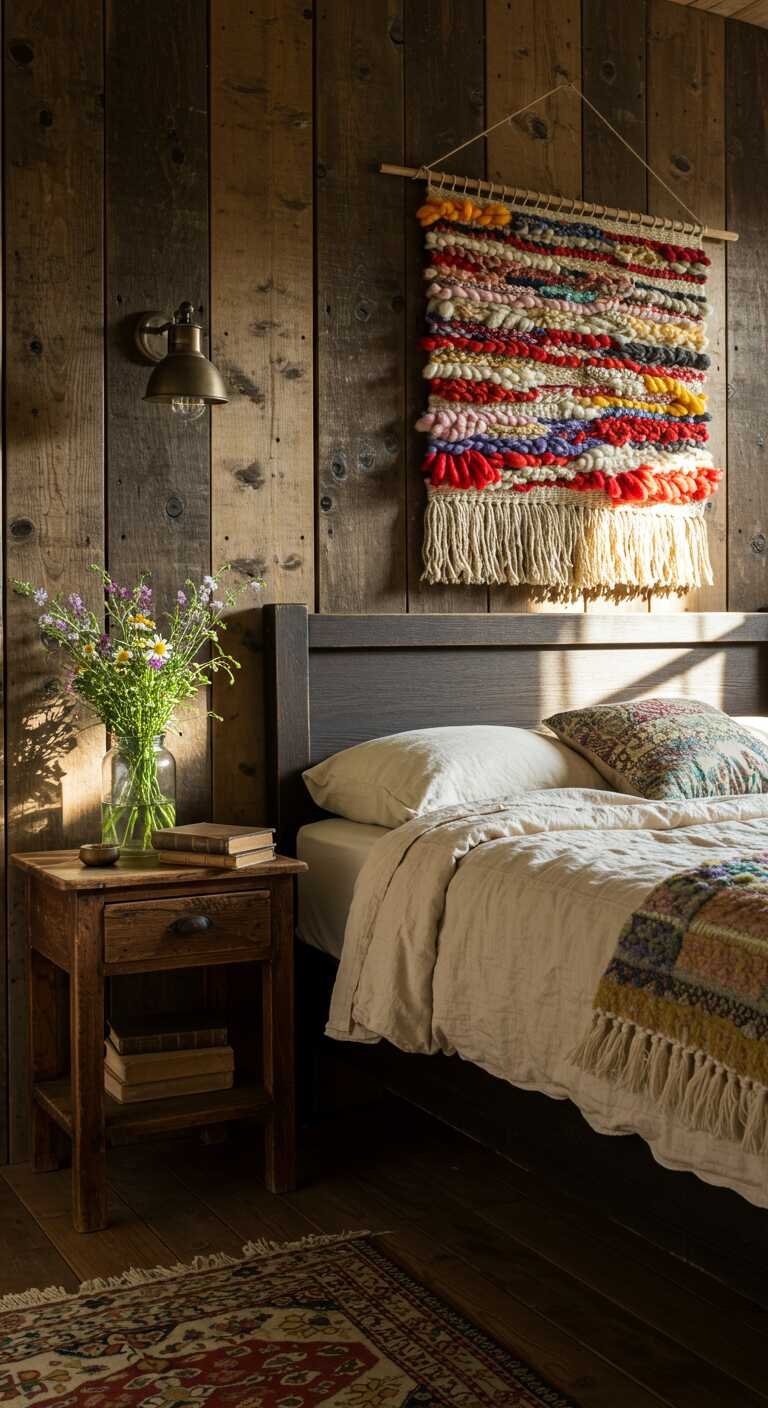 A rustic bedroom featuring a handwoven wall hanging with vibrant patterns above a cozy bed.