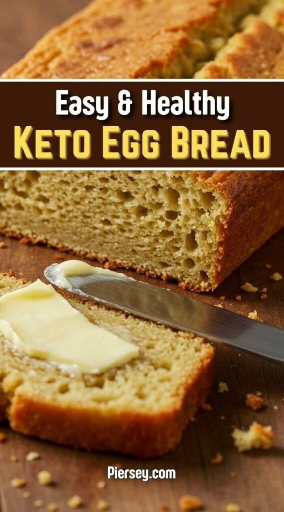 Close-up of a sliced keto egg bread with a pat of butter being spread. The warm, golden bread appears soft and inviting. Text reads "Easy & Healthy Keto Egg Bread."