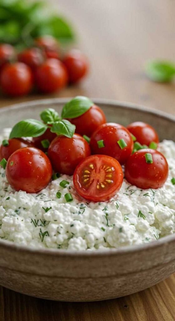 A bowl of herbed cottage cheese topped with cherry tomatoes.