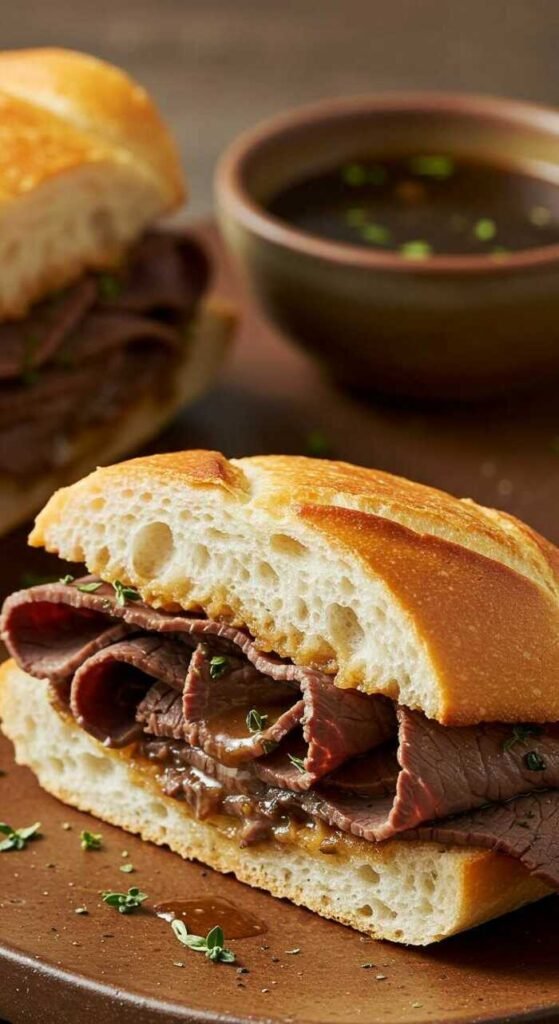 A delicious Herbed French Dip Sandwich filled with tender beef and served with a dipping sauce.