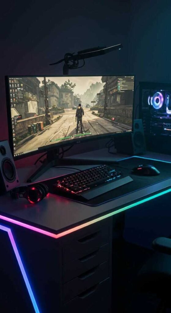 A gaming desk setup with multiple monitors, RGB lighting, and speakers