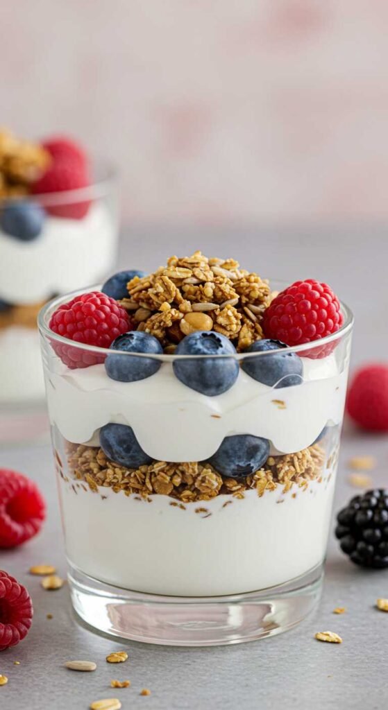 A delicious Greek yogurt parfait with layers of yogurt, berries, and granola served in a glass.