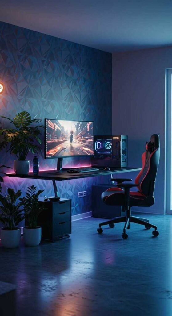 A modern gaming room with plants, a desk, and a monitor