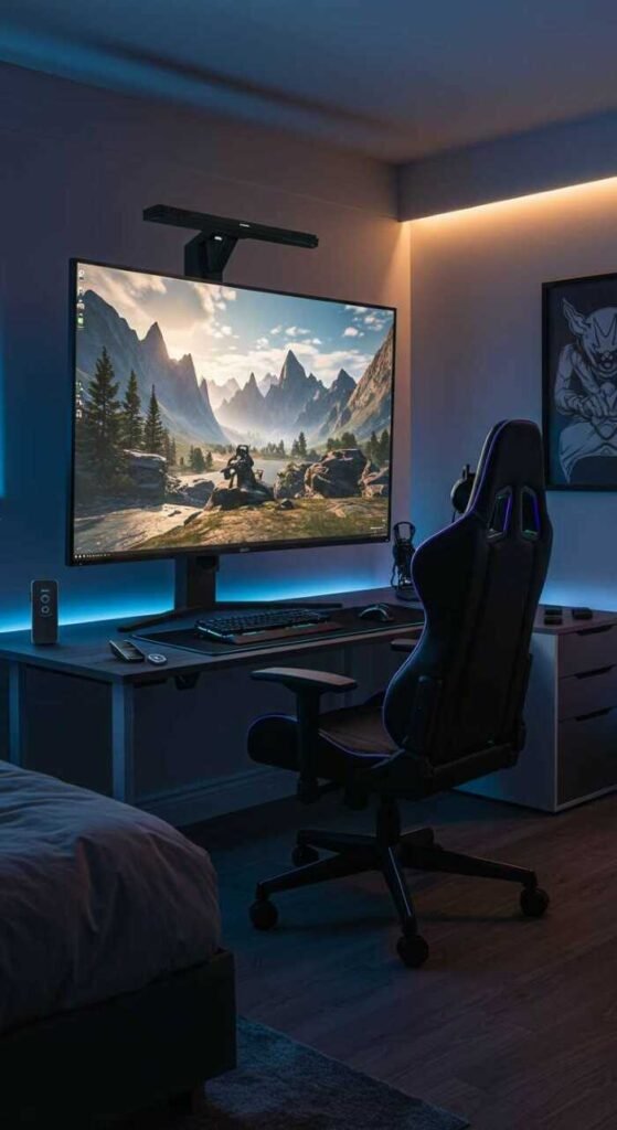 A stylish gaming bedroom with a large monitor, cozy chair, and smart home technology.