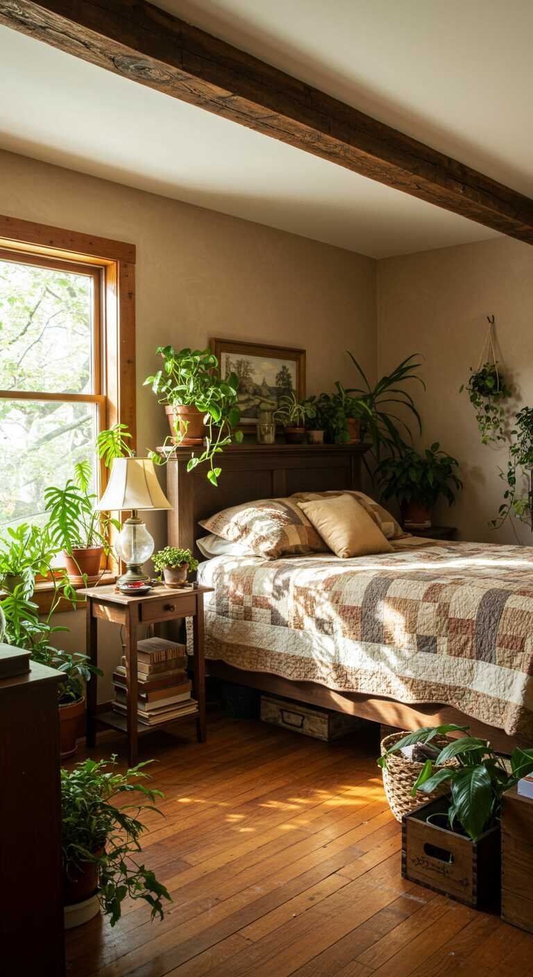 A rustic bedroom filled with various indoor plants, featuring a cozy bed and wooden accents.