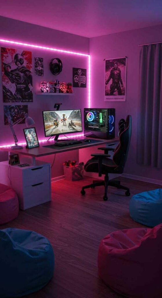 A colorful gaming room featuring a desk with a computer, neon lights, plants, and an inviting atmosphere.