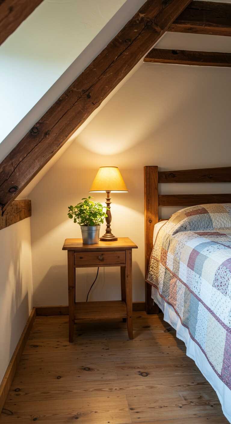 A cozy rustic bedroom with a bedside lamp and potted plant