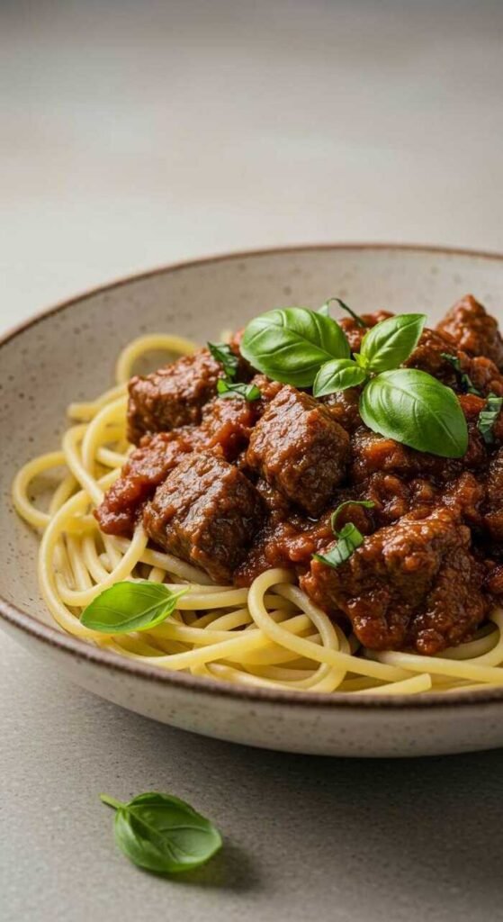 A bowl of Italian Beef Ragu served with spaghetti, garnished with basil.