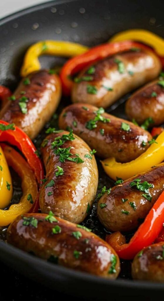 A colorful dish of Italian sausages and bell peppers, garnished with parsley.
