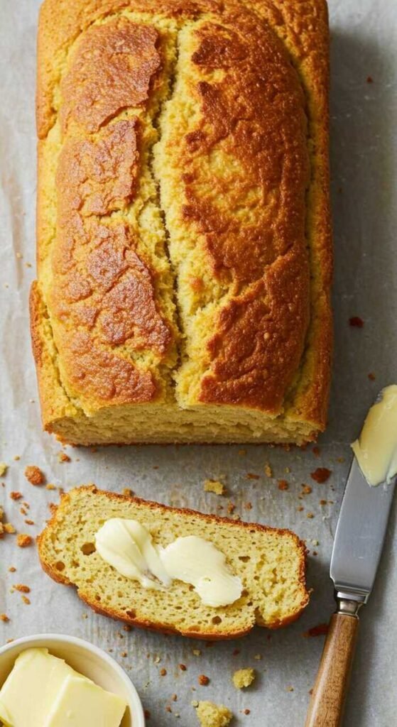 Golden-brown gluten-free keto egg bread on parchment, with a buttered slice in front. A knife and butter dish convey a warm, homemade feel.