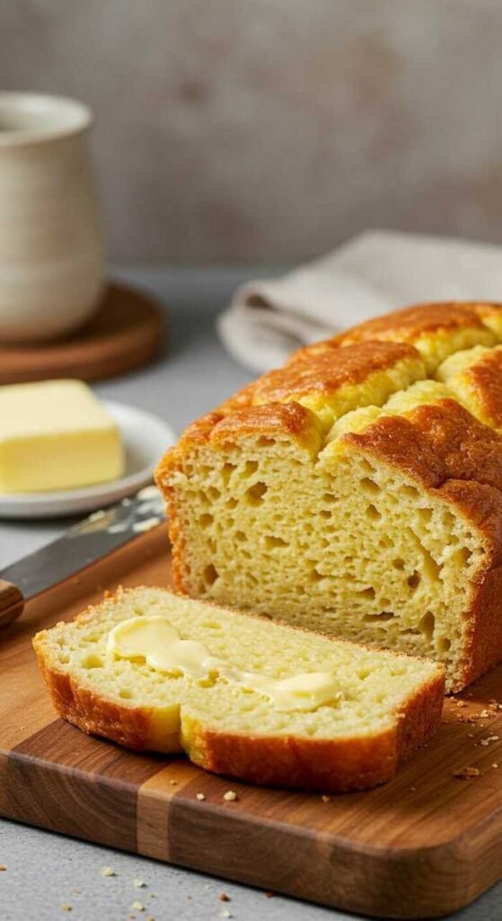 A freshly sliced loaf of golden-brown keto egg bread on a wooden board, with melting butter on a slice. A butter dish and cup are in the blurred background.