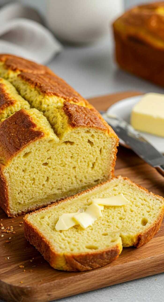 Freshly baked keto egg bread loaf on a wooden board, sliced with butter on top, creating a warm, inviting, and homemade comfort food atmosphere.