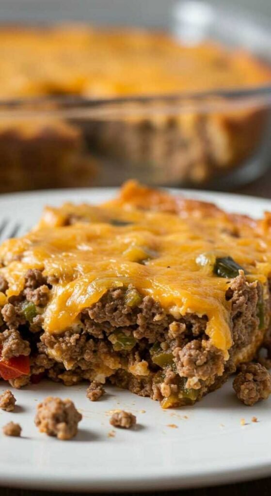 Close-up of a slice of keto hamburge casserole on a white plate. The dish features seasoned ground beef, diced peppers, and melted cheese with a gooey texture.