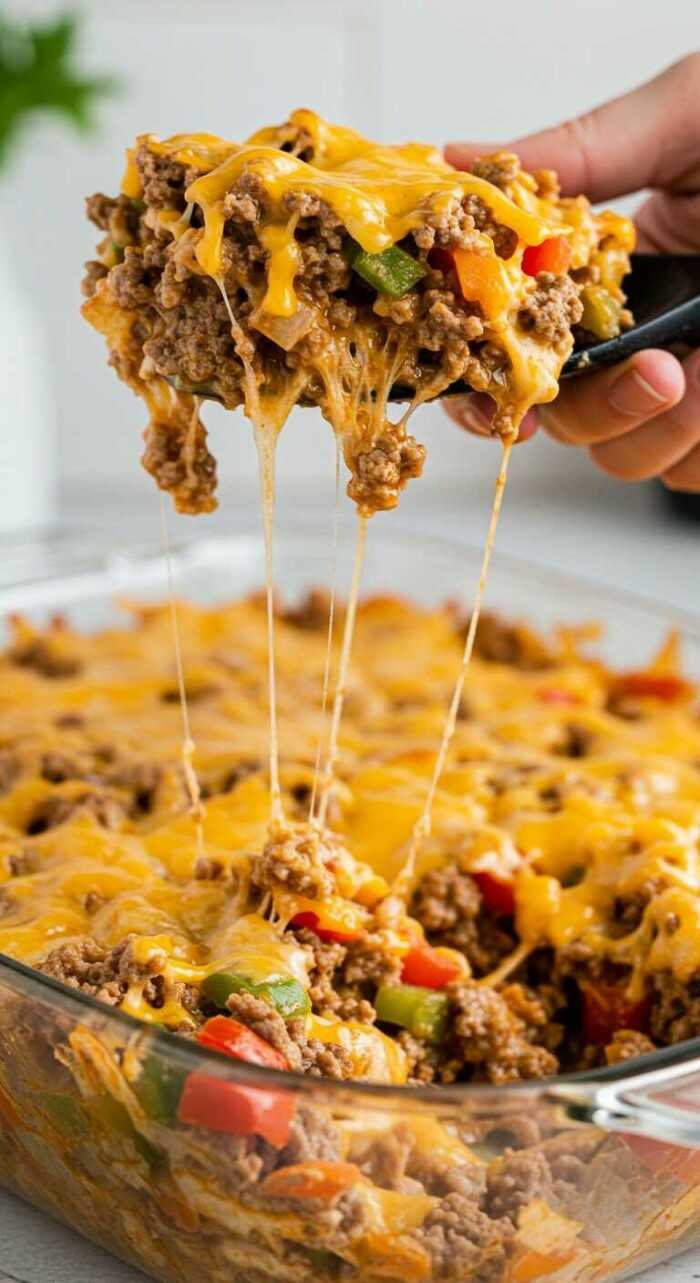 Close-up of a cheesy casserole being served, featuring melted cheese, ground beef, and colorful bell peppers. The dish looks warm and appetizing.
