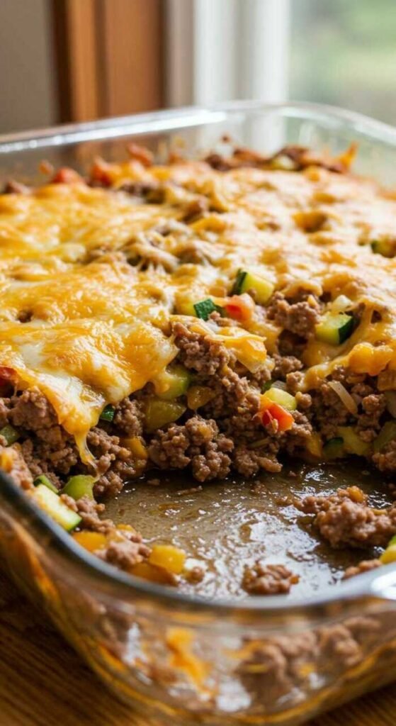 A glass baking dish with a hearty beef casserole, featuring melted cheese, diced zucchini, peppers, and onions. Cozy and inviting kitchen setting.