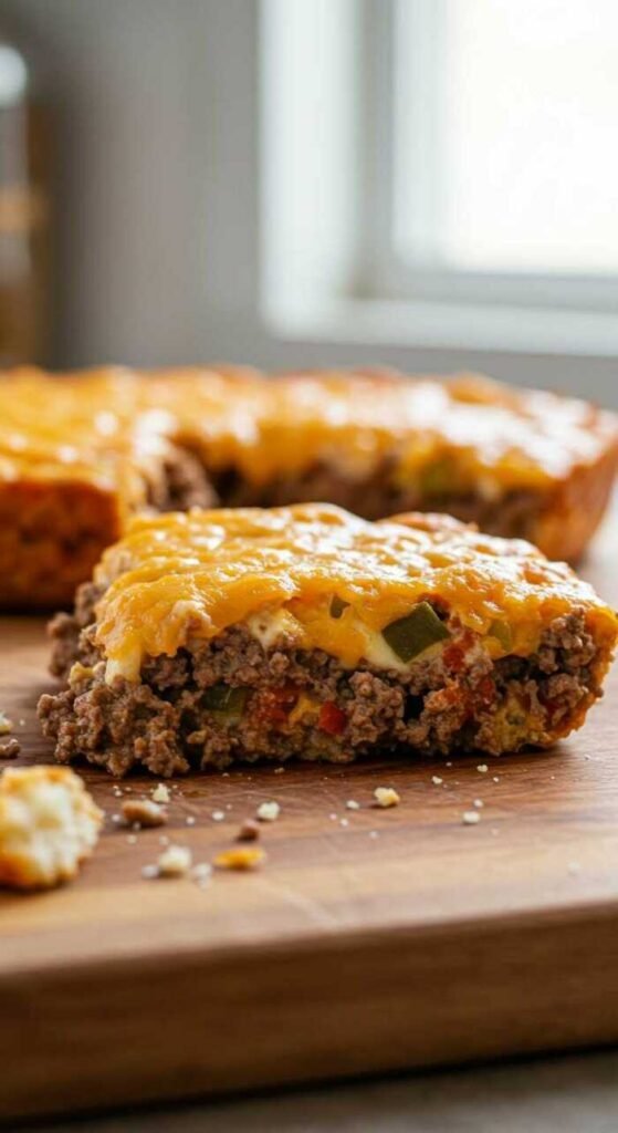 A slice of savory pie on a wooden board, featuring ground beef, vegetables, and melted cheddar cheese, with a warm, inviting atmosphere.