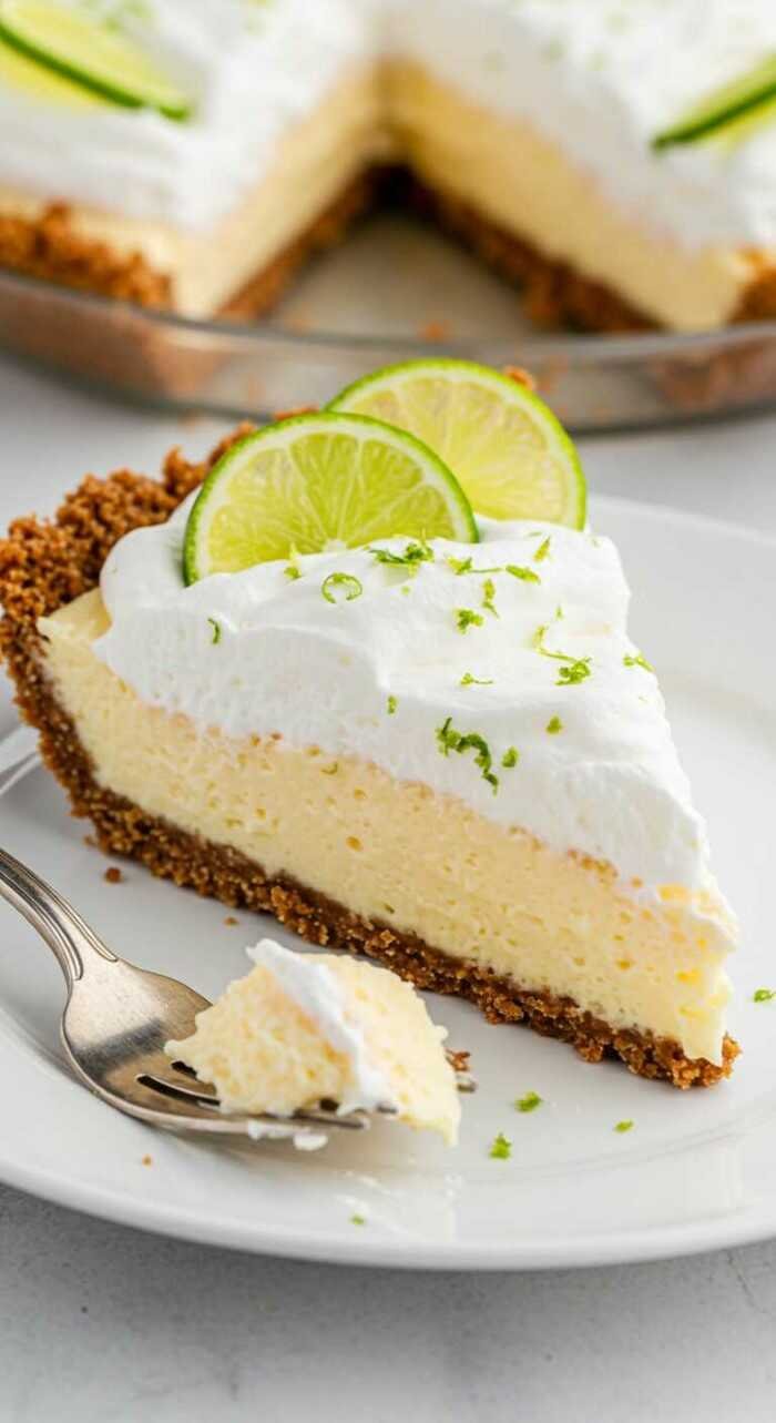 A slice of key lime pie with a graham cracker crust, topped with whipped cream and lime zest. Two lime slices garnish the pie. A fork holds a small bite on a white plate, creating a fresh and inviting look.