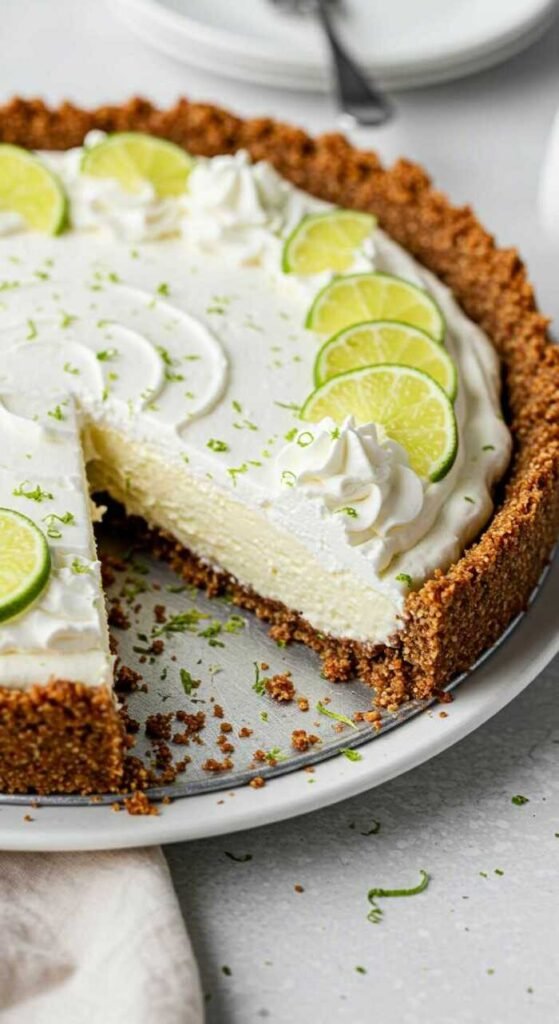 A creamy keto key lime pie with a crumbly crust, topped with whipped cream and lime slices, has a slice removed, revealing its smooth, rich texture.
