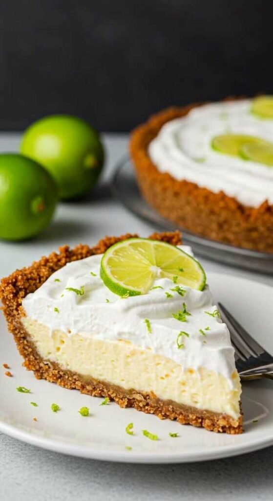 A slice of key lime pie with a crumbly brown crust topped with whipped cream and a lime slice. Two whole limes are in the background.
