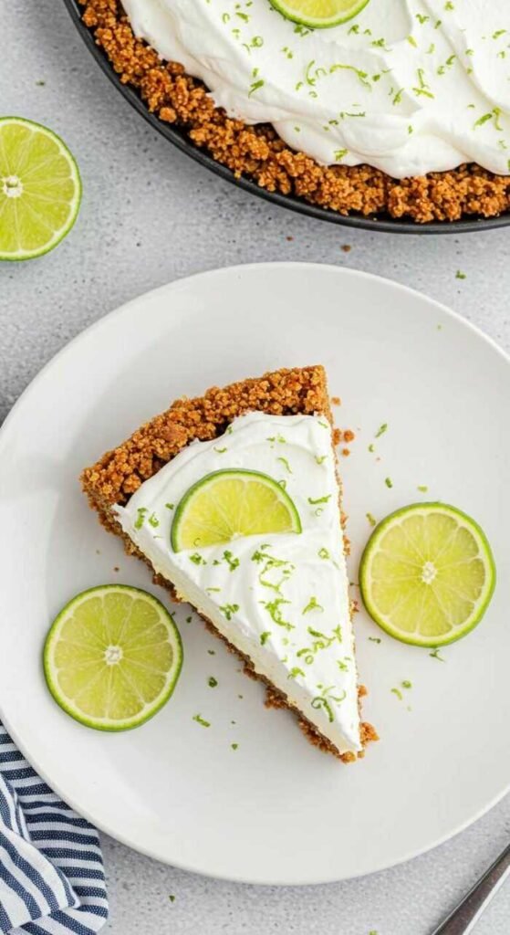 Slice of creamy key lime pie on a white plate, garnished with lime slices and zest. The pie has a crumbly crust, creating a fresh, inviting look.