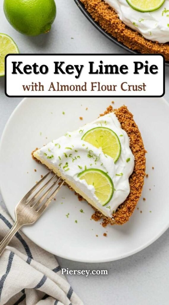 A slice of Keto Key Lime Pie with Almond Flour Crust on a white plate. Topped with whipped cream and lime slices. A lime rests nearby on a striped cloth. Text reads "Keto Key Lime Pie with Almond Flour Crust"